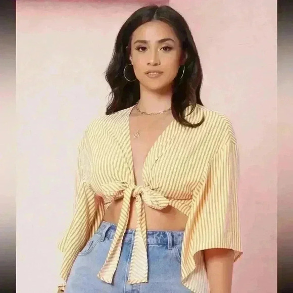 None Tops - 💐Striped tie front crop top